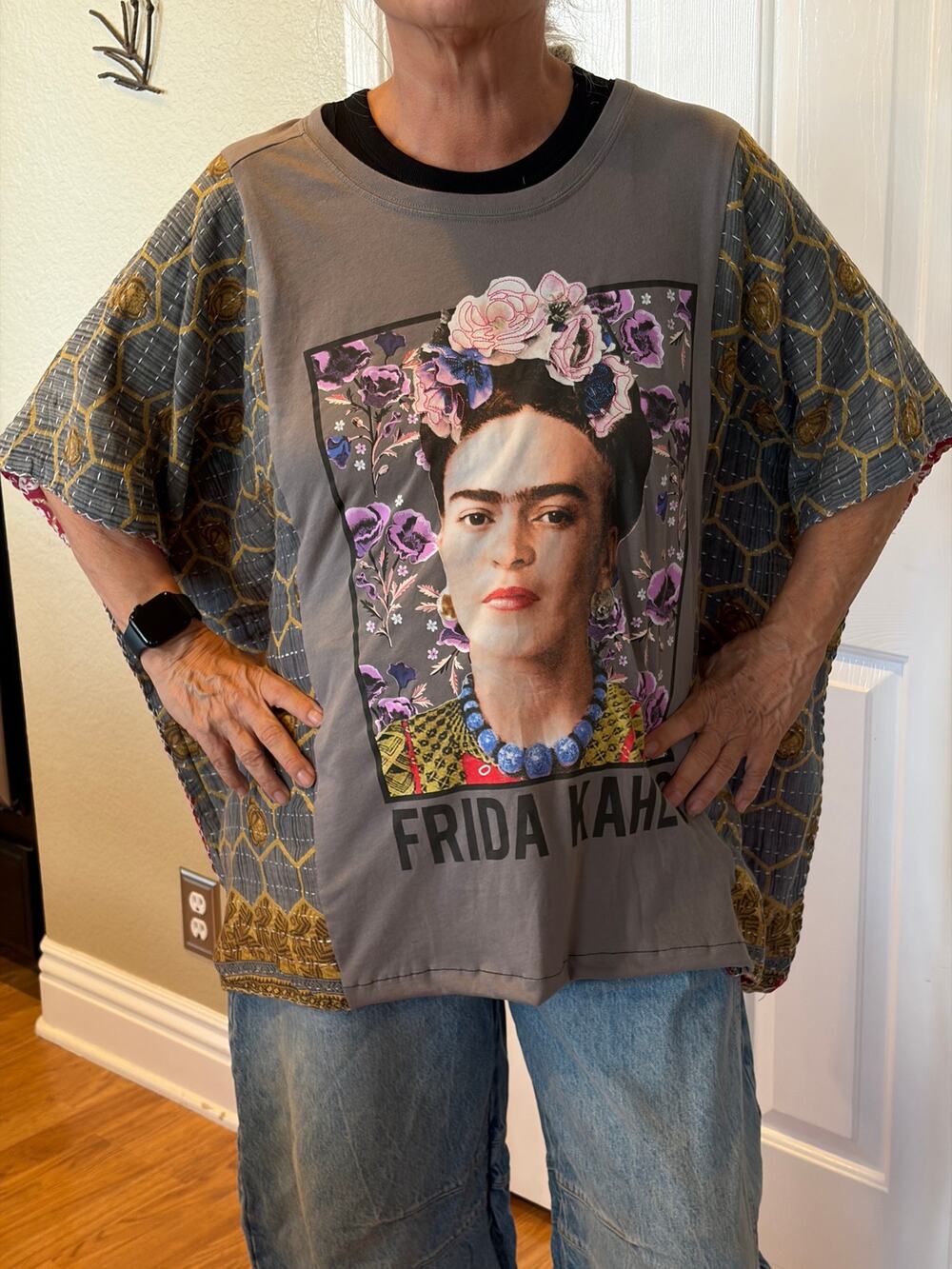 Frida Kahlo Upcycled Kantha Tunic Top Shirt OS Handmade Boho